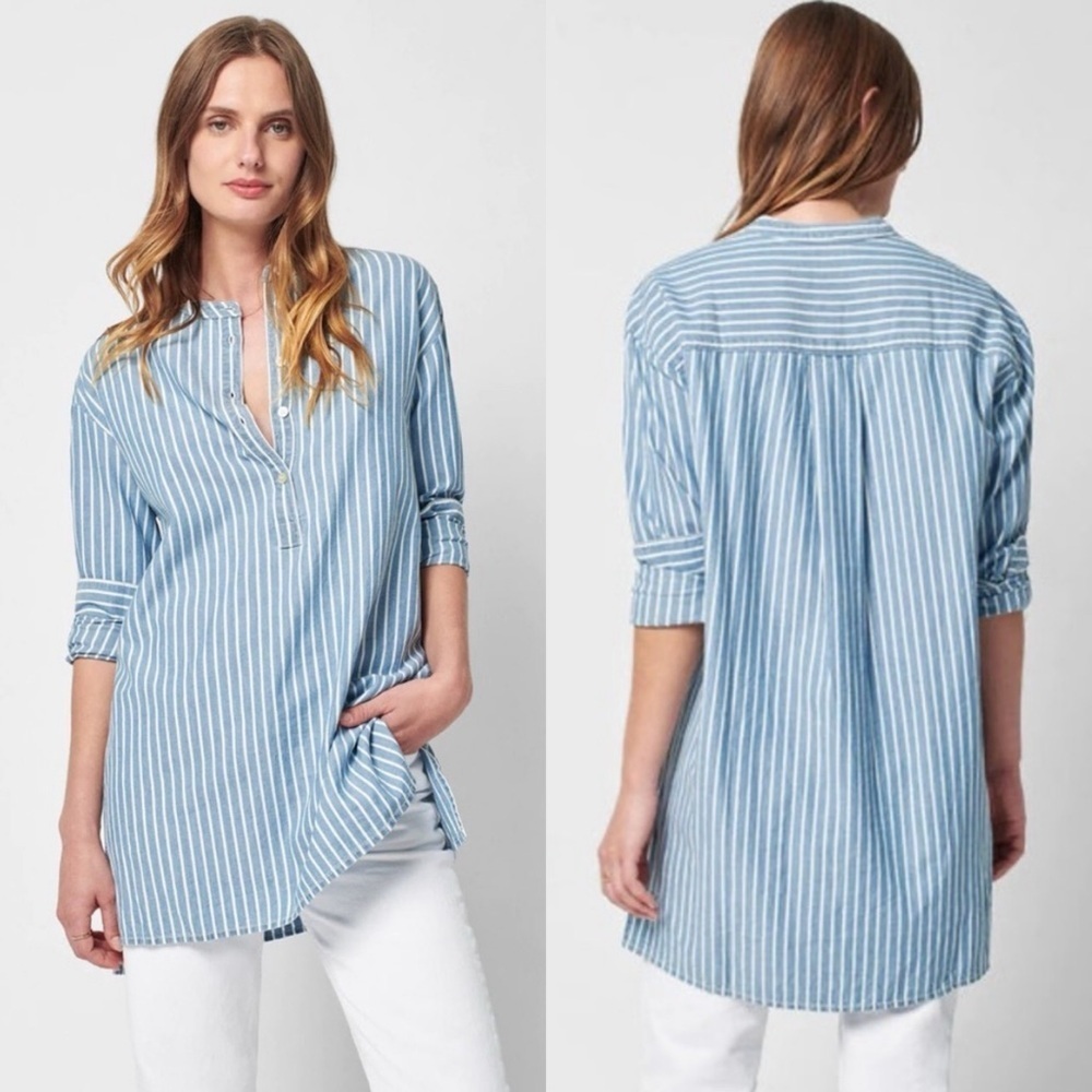 Faherty Palm Beach Tunic Top in Indigo Stripe Blue White Collarless Size Small